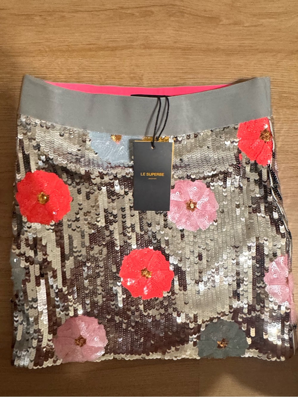 Le Superbe Silver Sequin Mini Skirt with Pink & Coral Floral Embroidery